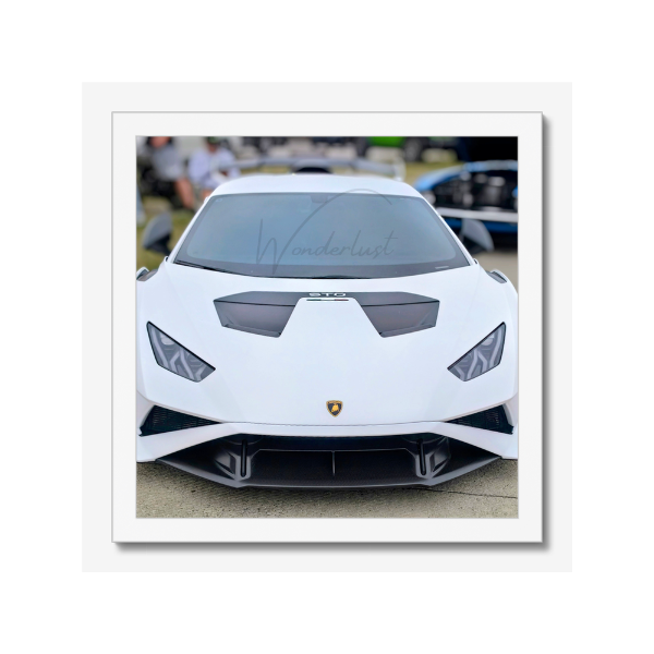 White Lamborghini STO Front View Metal Wall Art 12x12 | Automotive Photography